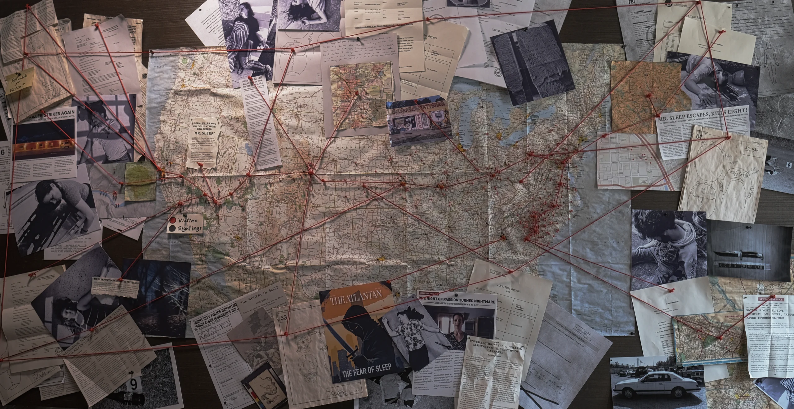 The eight-foot conspiracy board built for the titles of Mister Sleep.